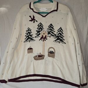 CJ Banks Cream V-Neck Sweater with Winter‎ Design